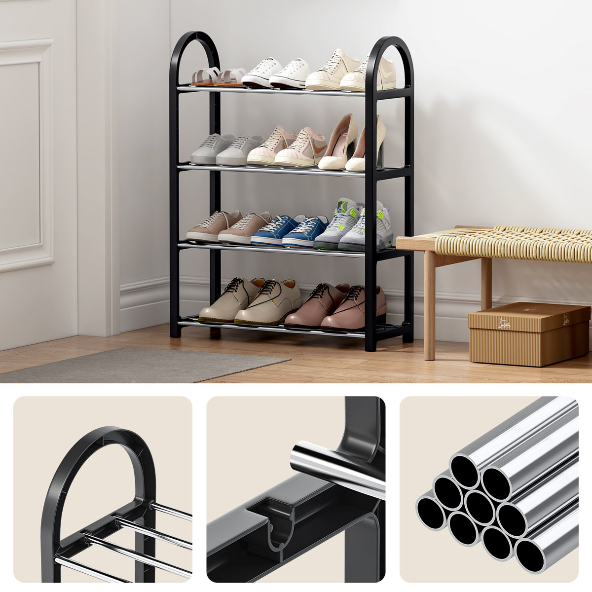 4 Tier Shoe Rack for Closet, Space-Saving & Durable Shoe Organizer, Easy Assembly Black 12 Pair Shoe Storage for Entryway